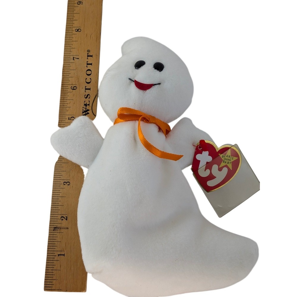 Ty Beanie Baby Spooky the Ghost Halloween Plush White Orange Ribbon 1995 - Picture 3 of 3